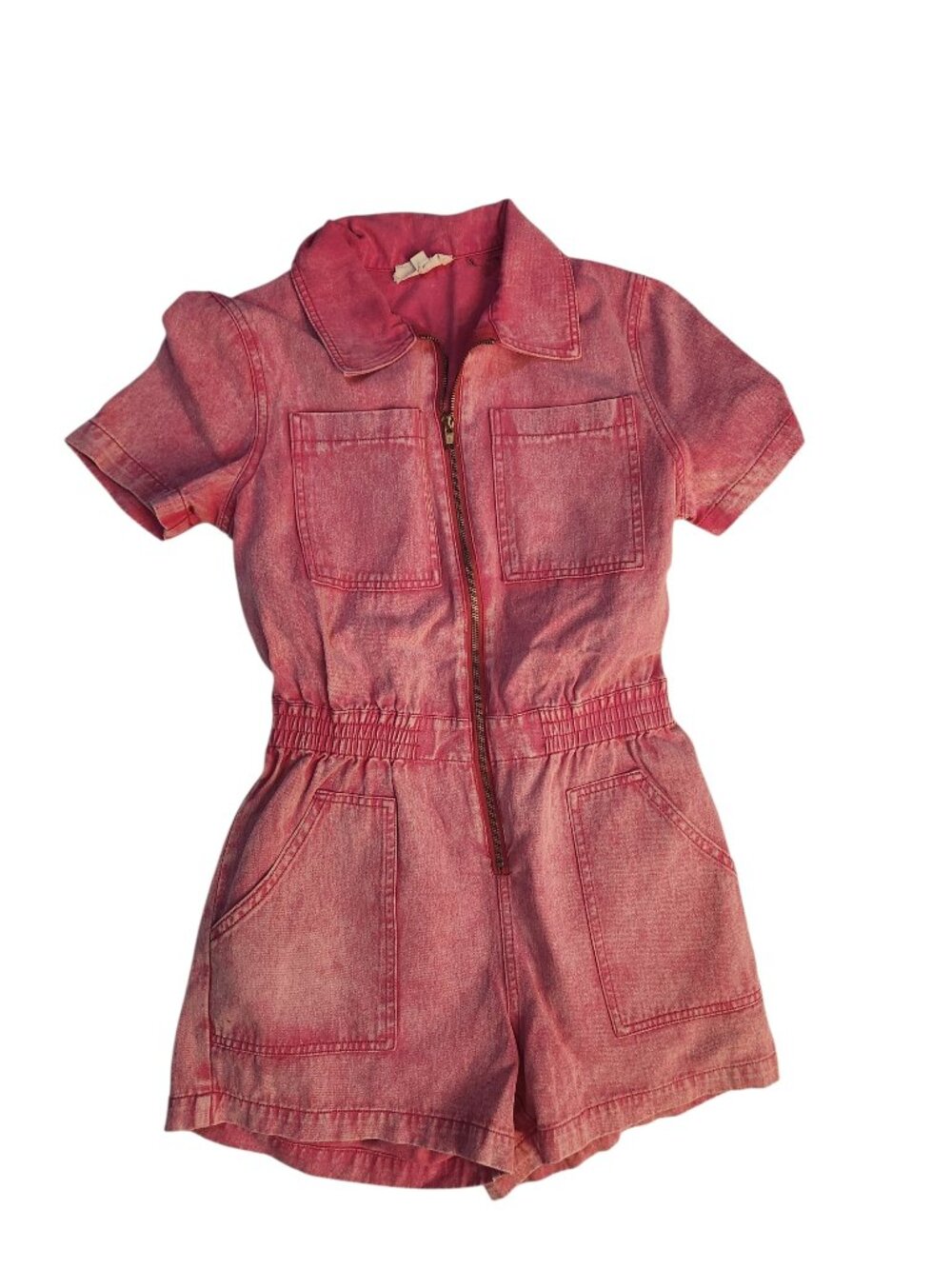 Elan Washed Pink Denim Shortalls Romper Size S Scrunch Waist Collared Pockets